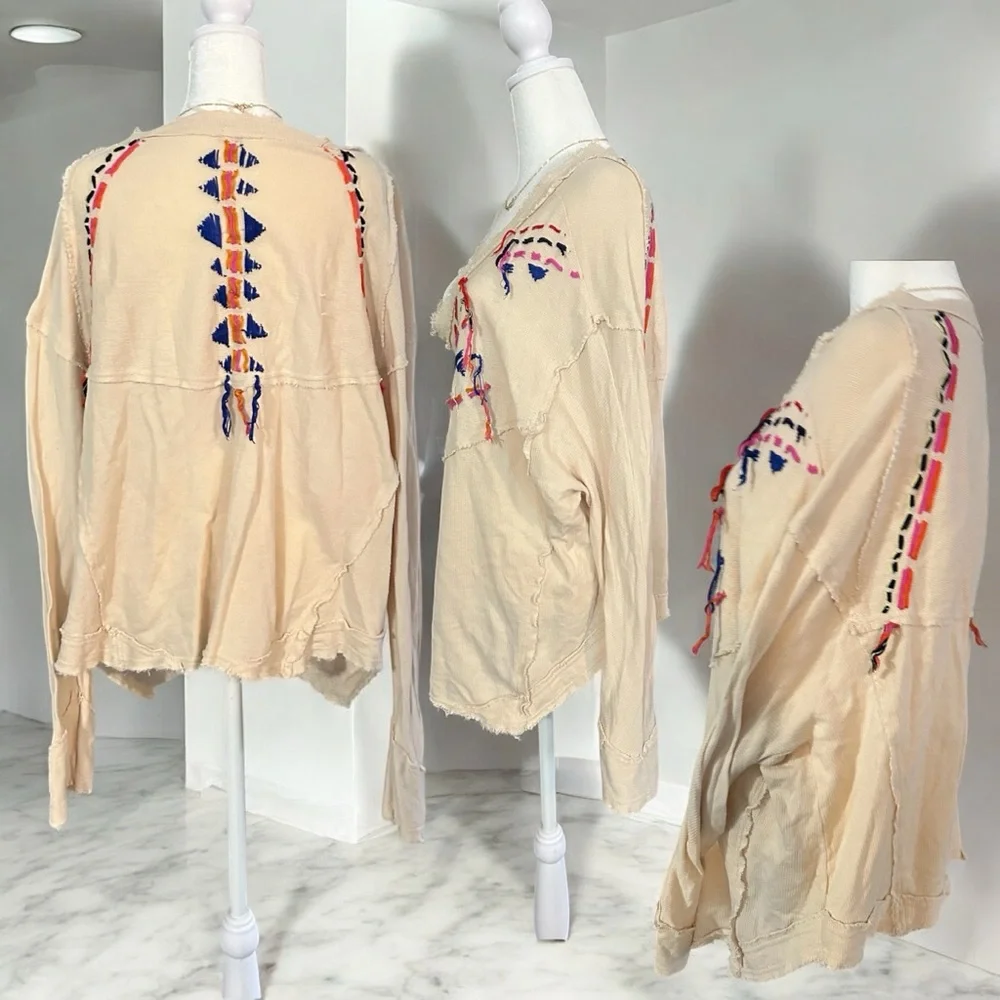 Free People Cream Embroidered V-Neck Peasant Top with Pink and Yellow Accents